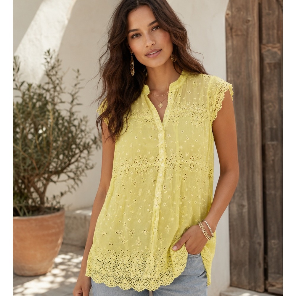 Johnny Was Blouse Yellow Eyelet Embroidery Cupra Rayon Boho Sleeveless Size S